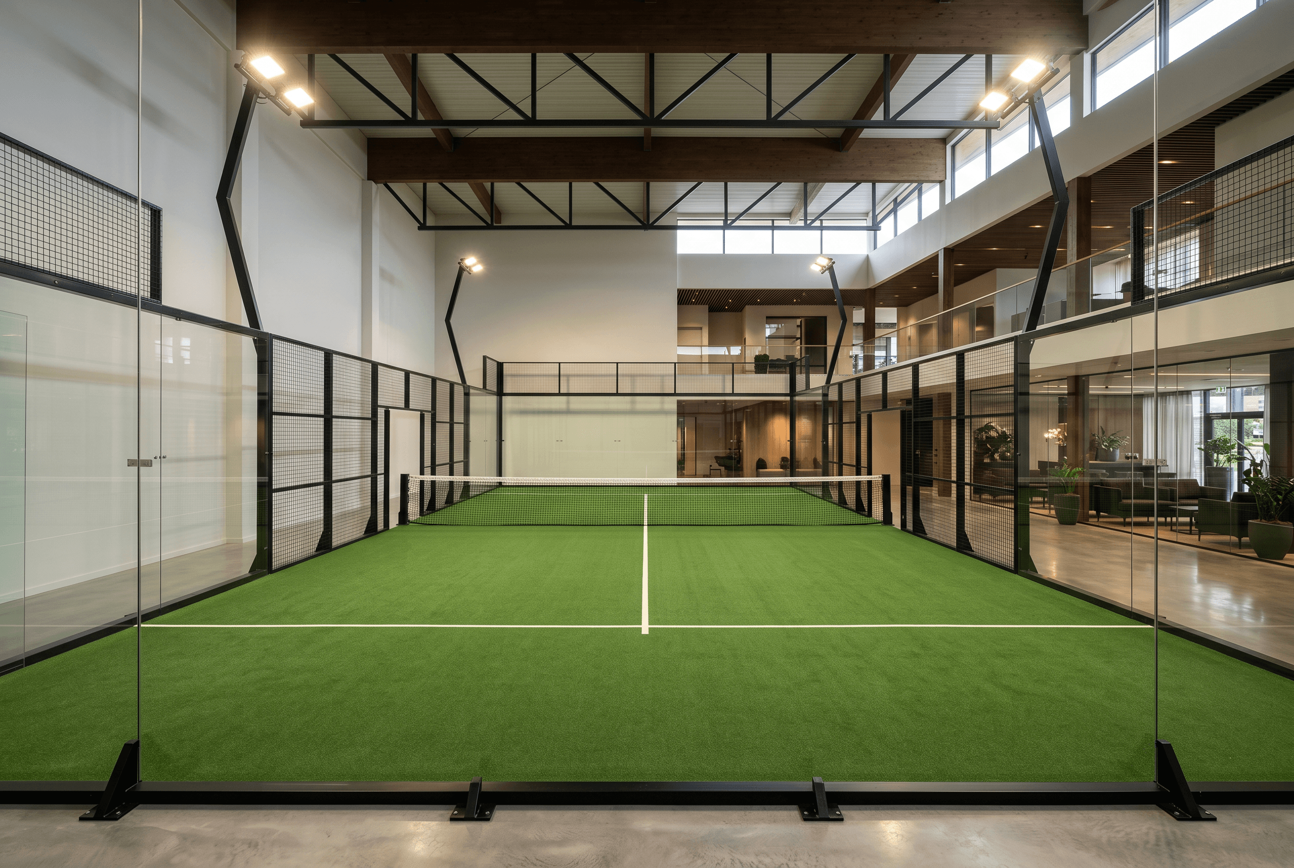 Padel court with glass walls at a premium club.