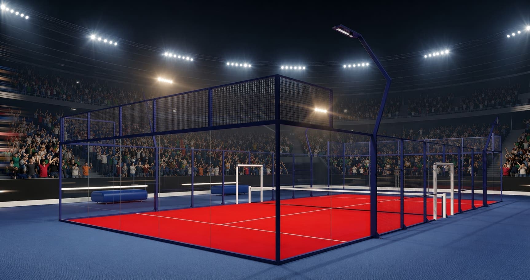 Padel court detail showing structural steel and glass.